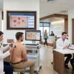 Provider performing a digital mole mapping skin examination using FotoFinder technology at Elkhorn Dermatology while another provider consults with a patient in a modern dermatology clinic.