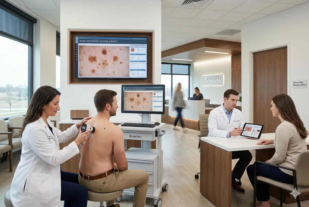 Provider performing a digital mole mapping skin examination using FotoFinder technology at Elkhorn Dermatology while another provider consults with a patient in a modern dermatology clinic.