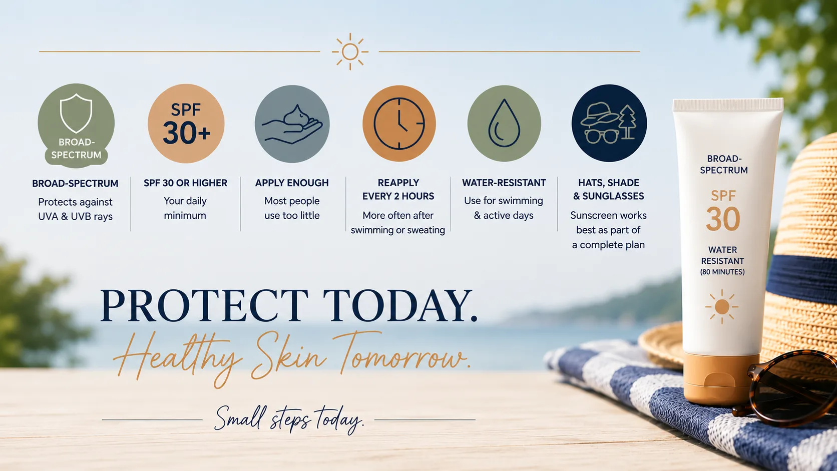 Sunscreen guide showing broad-spectrum SPF 30+, generous application, reapplication every two hours, water resistance, and added protection from hats, shade, and sunglasses.