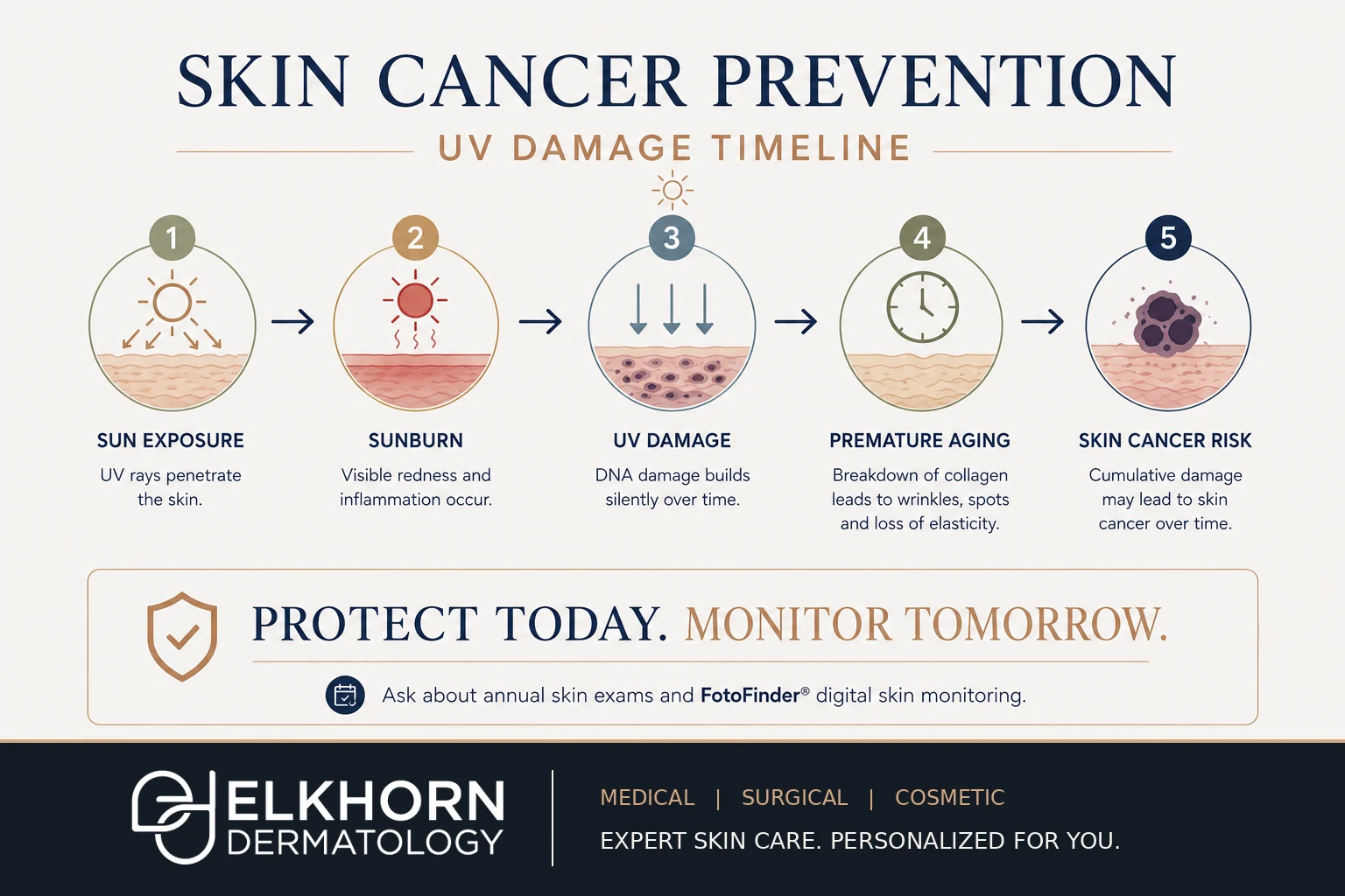 Infographic showing the timeline of cumulative UV damage, from sun exposure and sunburn to DNA damage, premature skin aging, and increased skin cancer risk, emphasizing daily sunscreen use and regular skin cancer screenings.